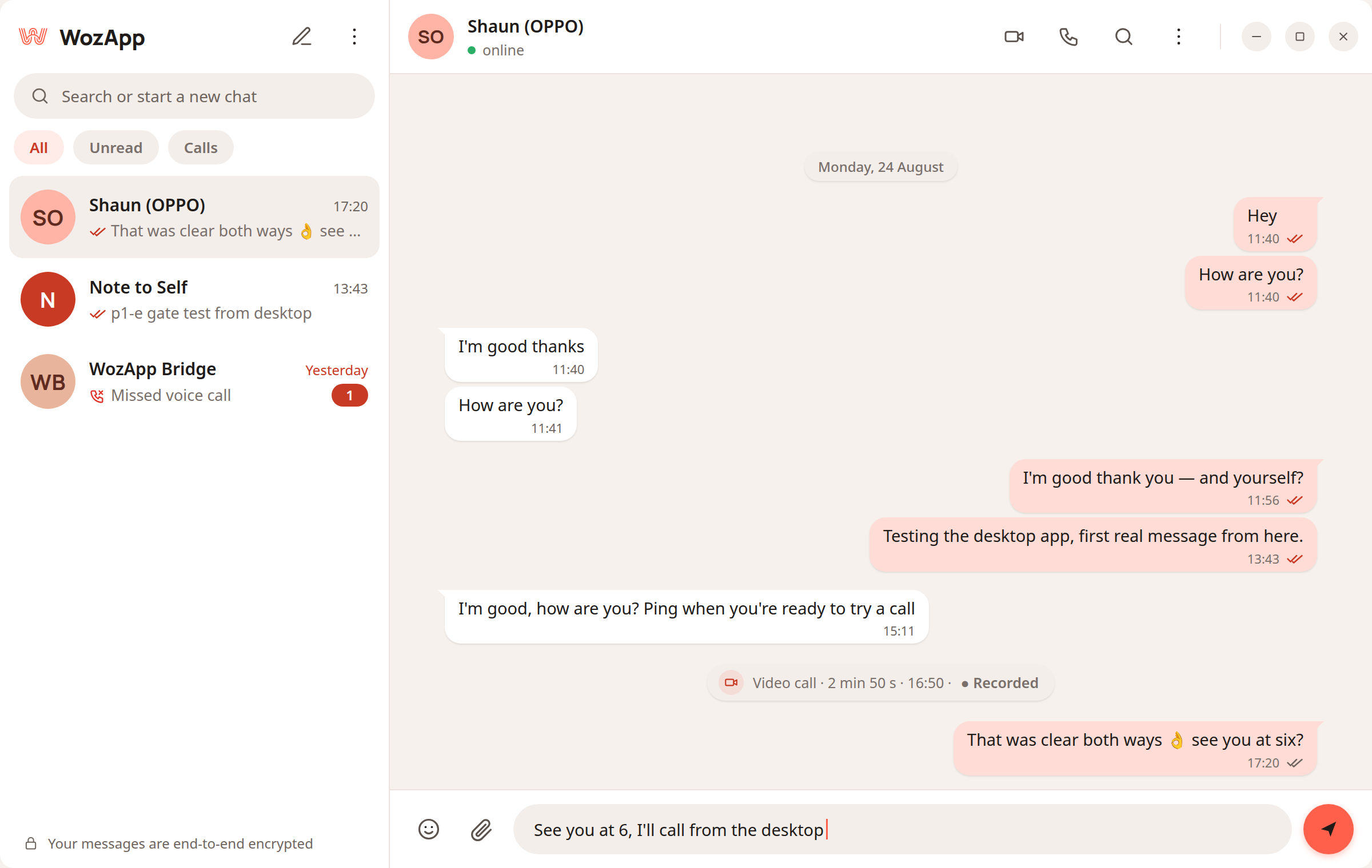 WozApp desktop: chat list on the left, an open conversation on the right, a coral send button.