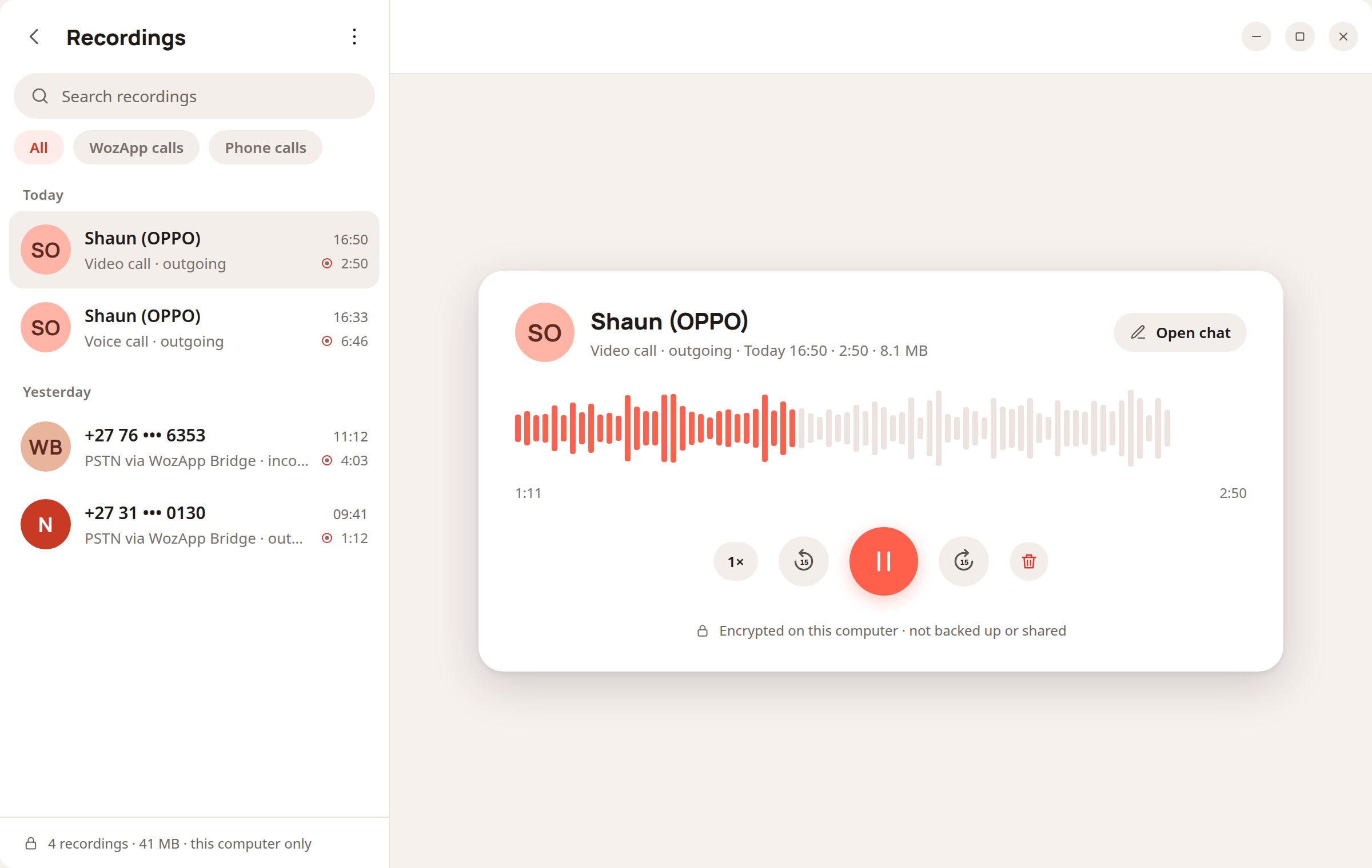 WozApp desktop: the Recordings view with a searchable list and a waveform player.