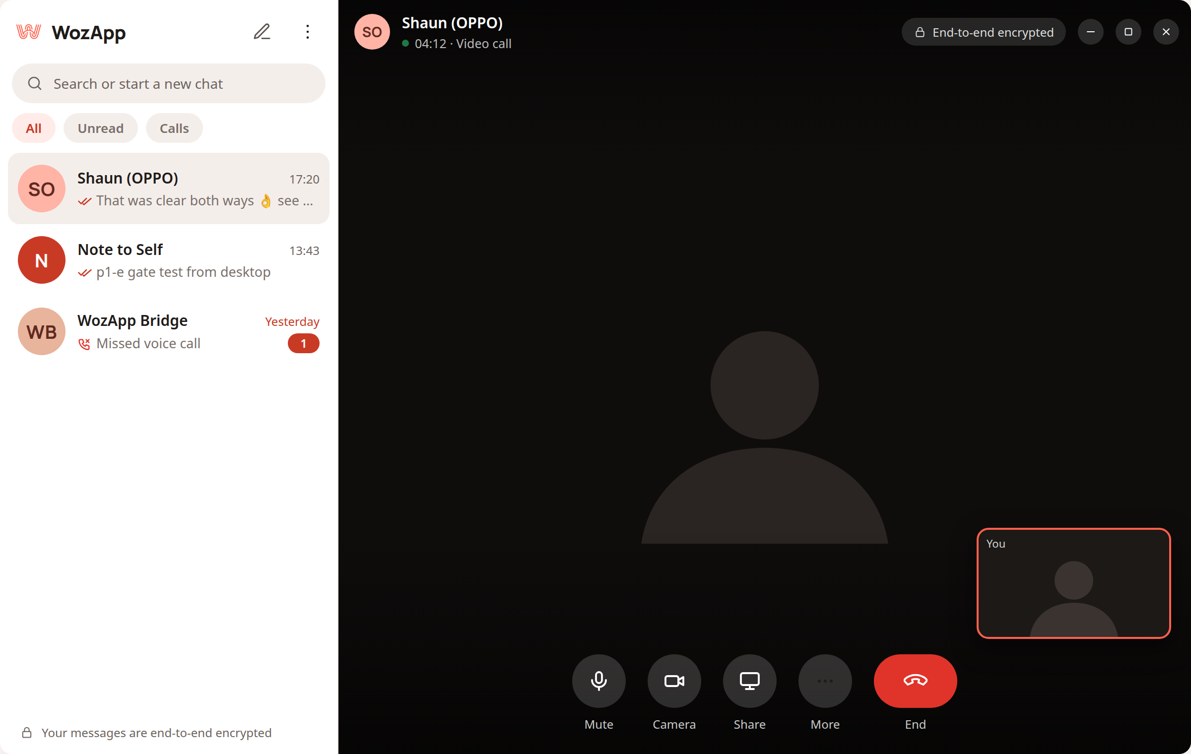 WozApp desktop: a video call in progress, end-to-end encrypted, with mute, camera, share and end controls.